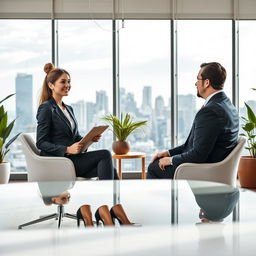 A creative depiction of a job interview scene set in a modern office environment