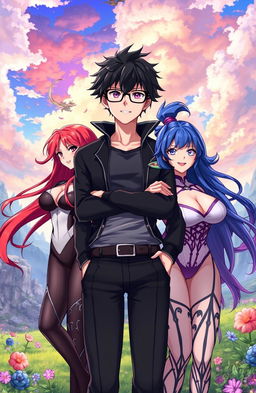 A scene from an isekai anime, featuring a black-haired male protagonist with glasses in a fantastical setting