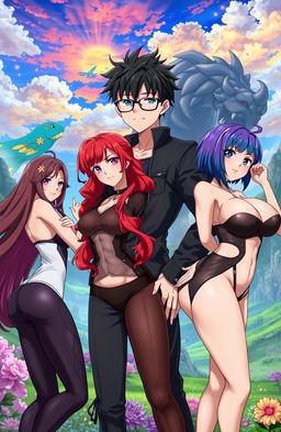 A scene from an isekai anime, featuring a black-haired male protagonist with glasses in a fantastical setting