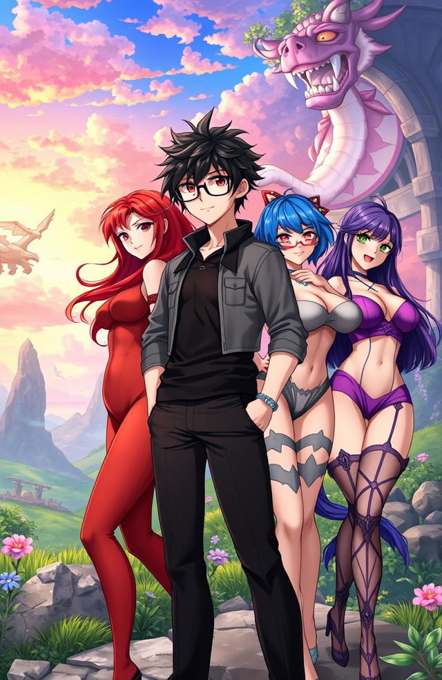 A scene from an isekai anime, featuring a black-haired male protagonist with glasses in a fantastical setting