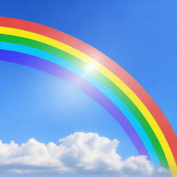 This is a high quality digital art image featuring a vibrant, full-arch rainbow set against a clear blue sky