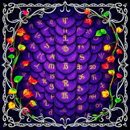 A stunning fantasy novel cover featuring thin silver filigree border artistically entwined with vibrant, colorful vines