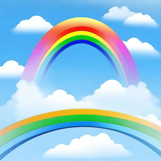 This is a high quality digital art image featuring a vibrant, full-arch rainbow set against a clear blue sky