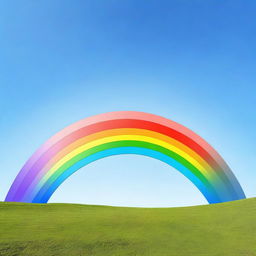 This is a high quality digital art image featuring a vibrant, full-arch rainbow set against a clear blue sky