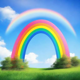 This is a high quality digital art image featuring a vibrant, full-arch rainbow set against a clear blue sky