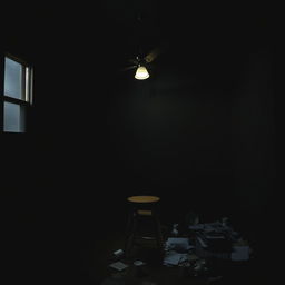 A darkened, messy room that conveys a sense of depression, featuring a single window on one wall allowing limited light to enter, creating shadows around the room