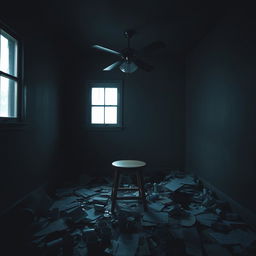 A darkened, messy room that conveys a sense of depression, featuring a single window on one wall allowing limited light to enter, creating shadows around the room