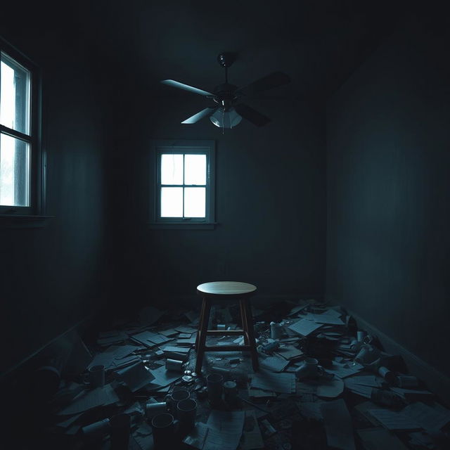 A darkened, messy room that conveys a sense of depression, featuring a single window on one wall allowing limited light to enter, creating shadows around the room