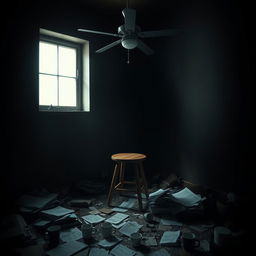 A darkened, messy room that conveys a sense of depression, featuring a single window on one wall allowing limited light to enter, creating shadows around the room