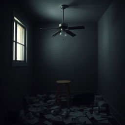 A darkened, messy room that conveys a sense of depression, featuring a single window on one wall allowing limited light to enter, creating shadows around the room