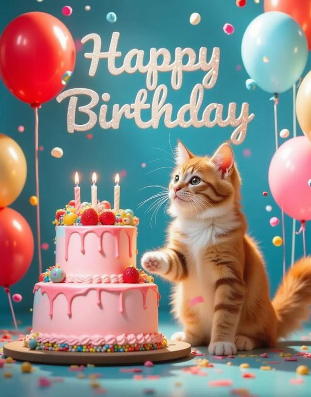 A cheerful birthday scene featuring a cute, fluffy orange tabby cat reaching out towards a large pink birthday cake adorned with colorful frosting and fresh strawberries