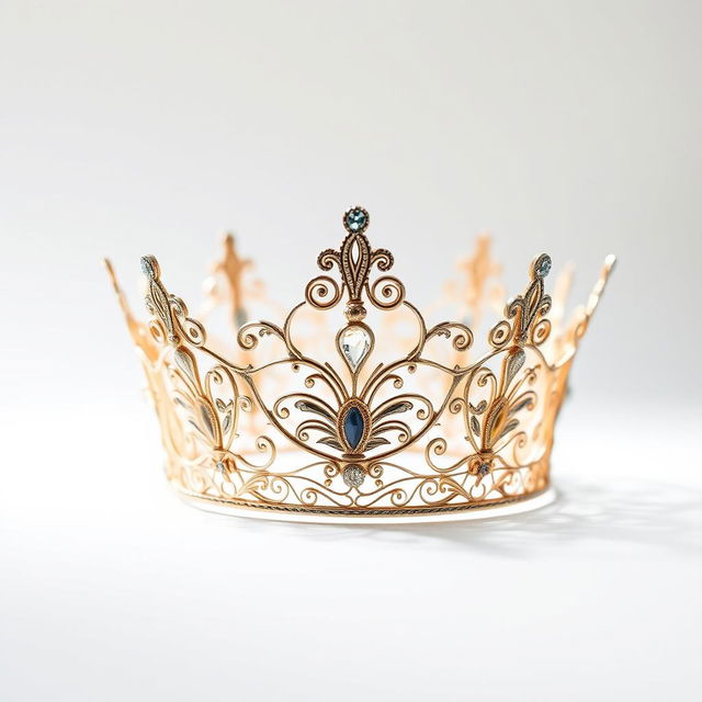 A beautifully intricate small filigree crown crest, featuring delicate swirling patterns and ornate details, set against a pristine white background to enhance its elegance