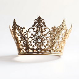 A beautifully intricate small filigree crown crest, featuring delicate swirling patterns and ornate details, set against a pristine white background to enhance its elegance