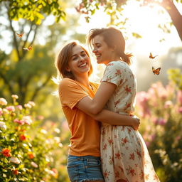 A warm and cozy scene of two people joyfully hugging in a sunlit park, surrounded by blooming flowers and lush green trees