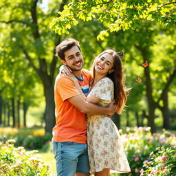 A warm and cozy scene of two people joyfully hugging in a sunlit park, surrounded by blooming flowers and lush green trees
