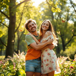 A warm and cozy scene of two people joyfully hugging in a sunlit park, surrounded by blooming flowers and lush green trees