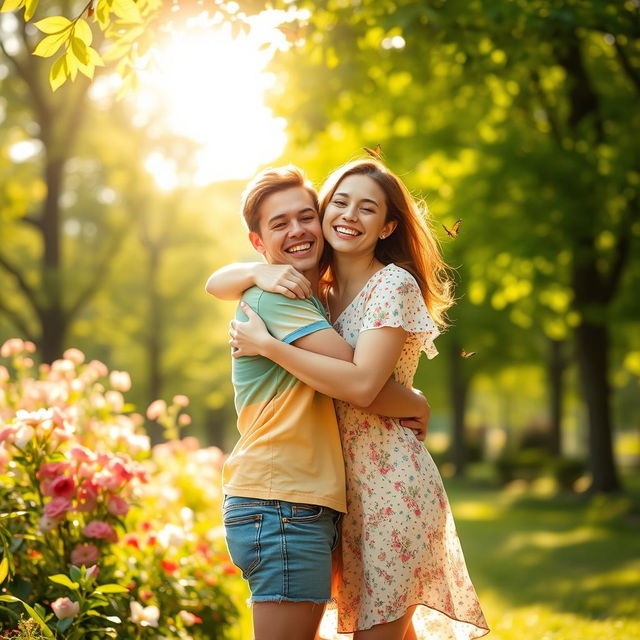 A warm and cozy scene of two people joyfully hugging in a sunlit park, surrounded by blooming flowers and lush green trees