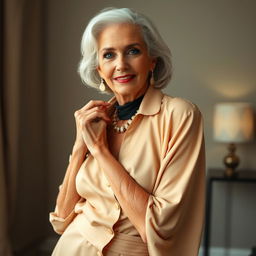 An attractive 70-year-old woman exuding charm and confidence, dressed in a sexy yet tasteful outfit that is fully modest and does not reveal any skin