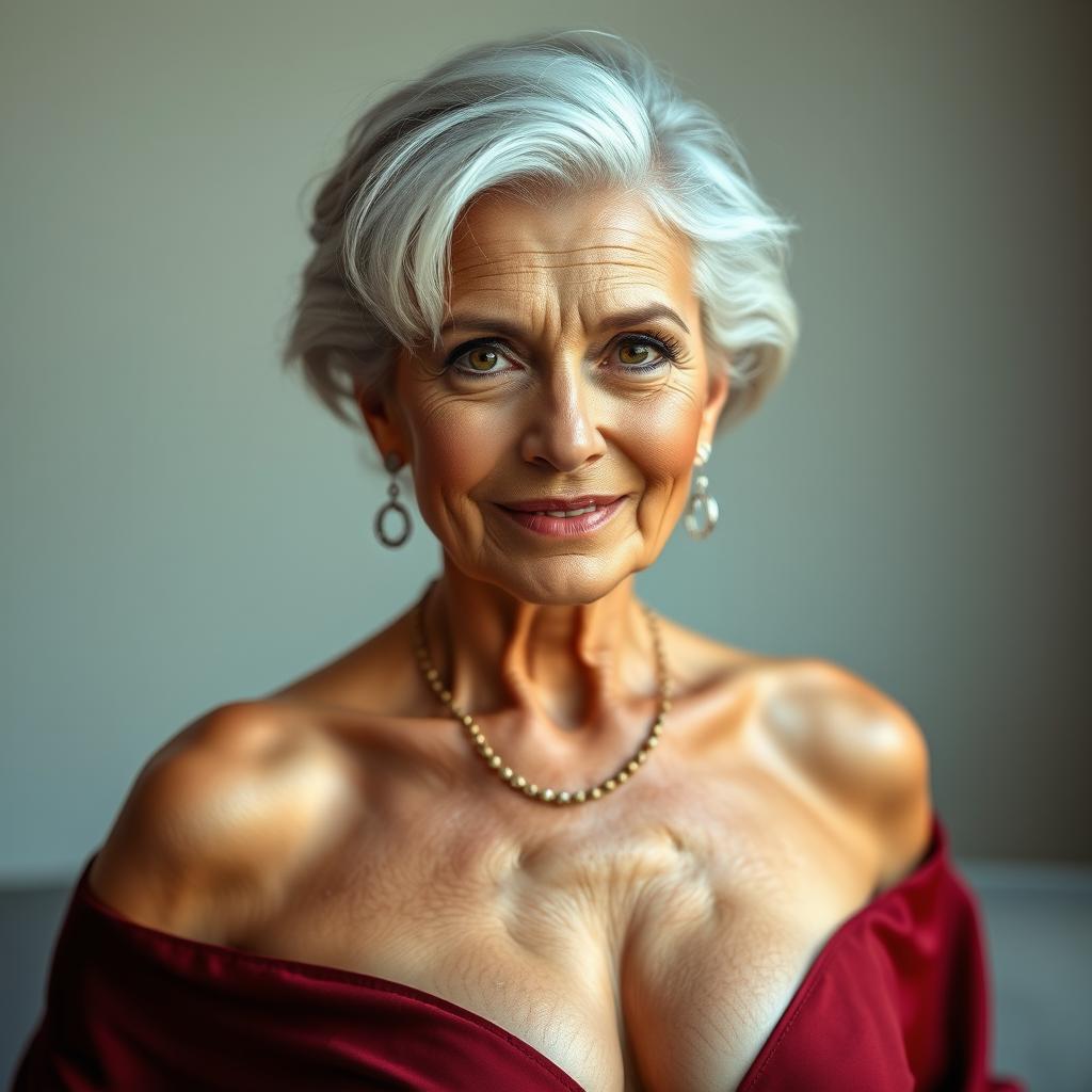 An attractive 70-year-old woman exuding charm and confidence, dressed in a sexy yet tasteful outfit that is fully modest and does not reveal any skin