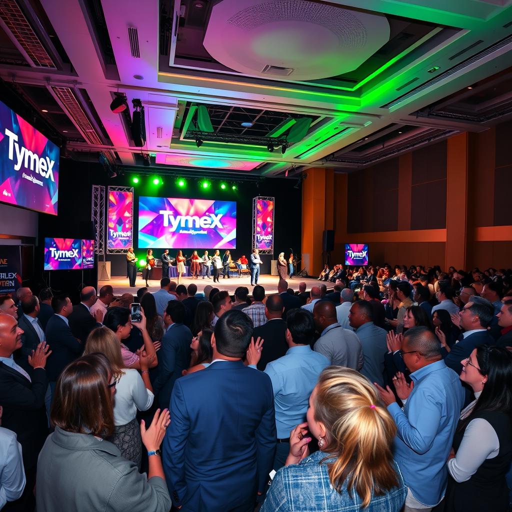 A large-scale TymeX company event showcasing a vibrant and well-decorated stage, adorned with TymeX branding and colorful lighting