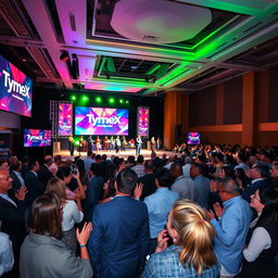 A large-scale TymeX company event showcasing a vibrant and well-decorated stage, adorned with TymeX branding and colorful lighting