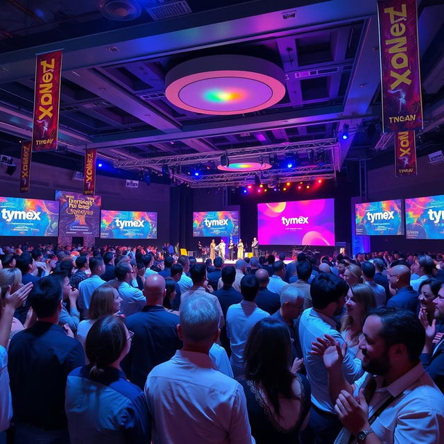 A large-scale TymeX company event showcasing a vibrant and well-decorated stage, adorned with TymeX branding and colorful lighting