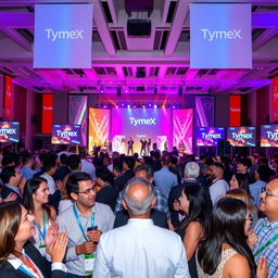 A large-scale TymeX company event showcasing a vibrant and well-decorated stage, adorned with TymeX branding and colorful lighting