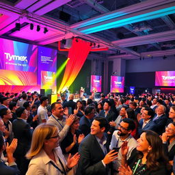 A large-scale TymeX company event showcasing a vibrant and well-decorated stage, adorned with TymeX branding and colorful lighting