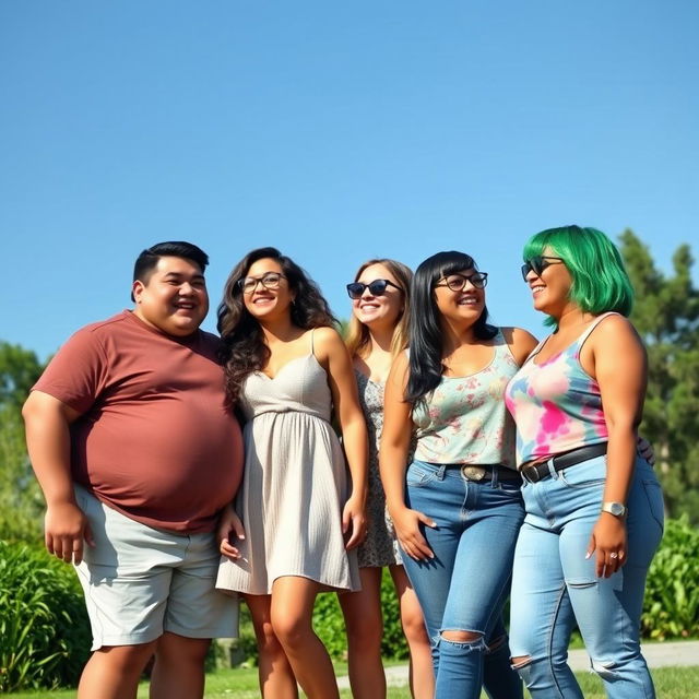 A vibrant and lively scene featuring four friends enjoying a sunny day outdoors