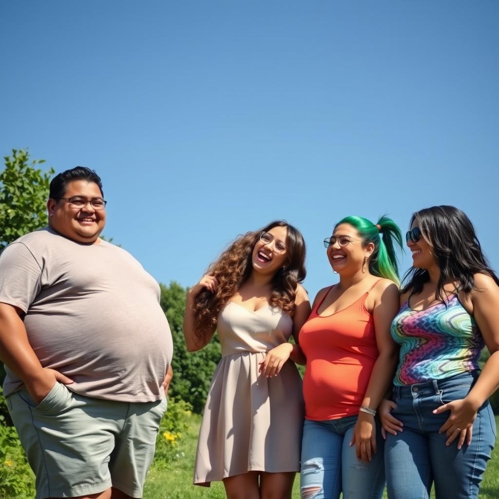 A vibrant and lively scene featuring four friends enjoying a sunny day outdoors