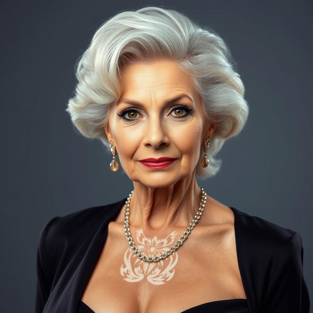 A glamorous 70-year-old woman showcasing her beauty and confidence, dressed in a stylish yet sexy outfit that is fully modest and does not reveal any skin
