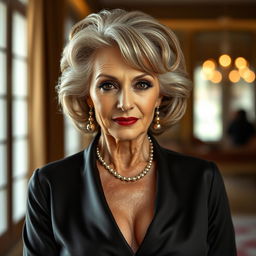 A glamorous 70-year-old woman showcasing her beauty and confidence, dressed in a stylish yet sexy outfit that is fully modest and does not reveal any skin