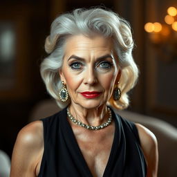 A glamorous 70-year-old woman showcasing her beauty and confidence, dressed in a stylish yet sexy outfit that is fully modest and does not reveal any skin