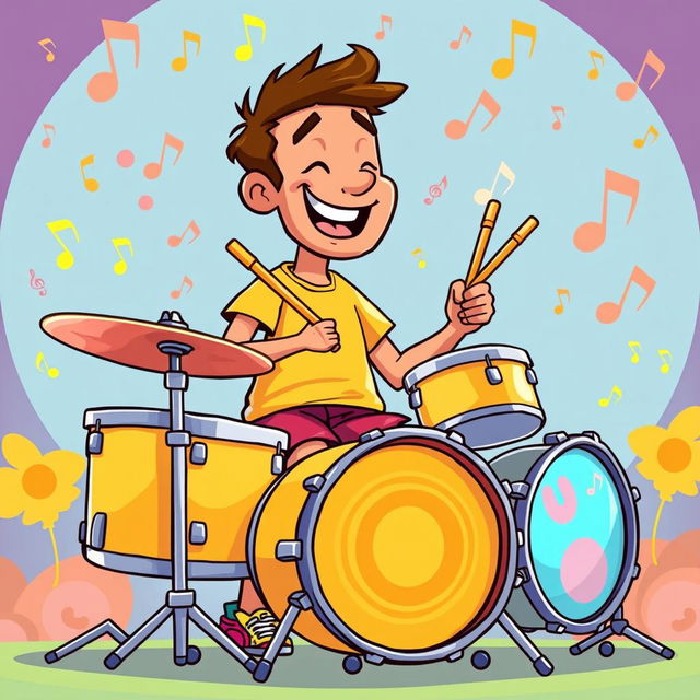 An illustration of a man playing drums in the vibrant style of the game IncrediBox