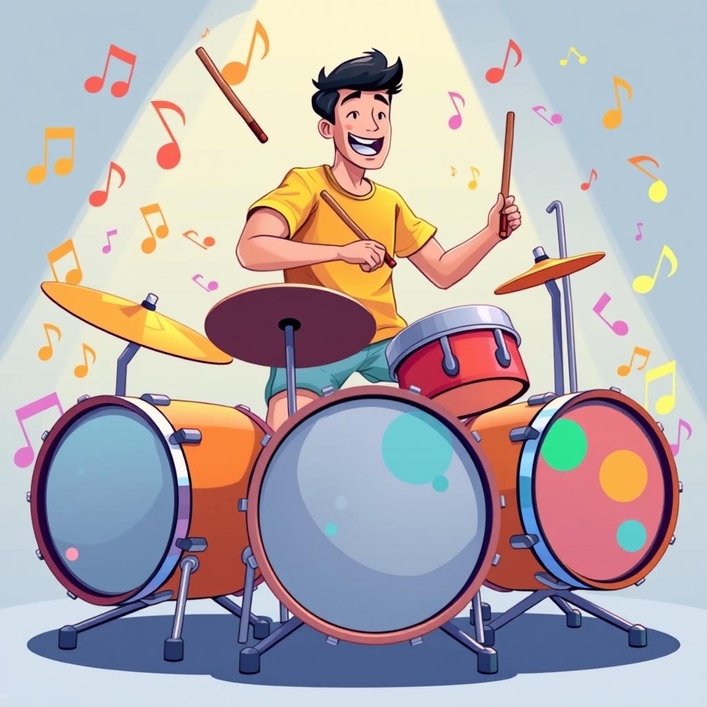 An illustration of a man playing drums in the vibrant style of the game IncrediBox