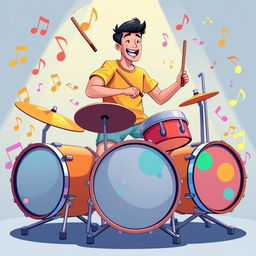 An illustration of a man playing drums in the vibrant style of the game IncrediBox