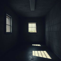 A dimly lit prison background, showcasing a sense of confinement and somber ambiance