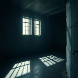 A dimly lit prison background, showcasing a sense of confinement and somber ambiance