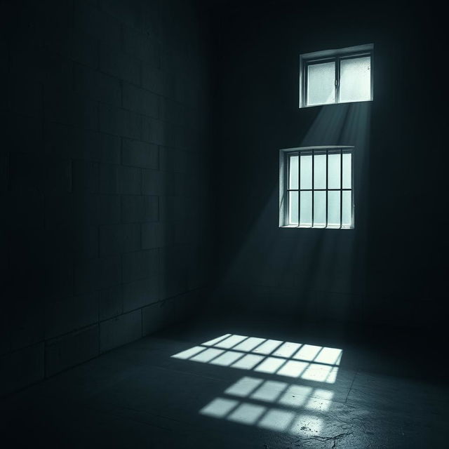 A dimly lit prison background, showcasing a sense of confinement and somber ambiance