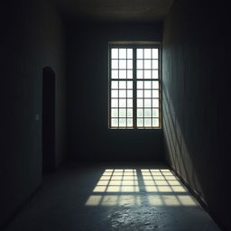 A dimly lit prison background, showcasing a sense of confinement and somber ambiance