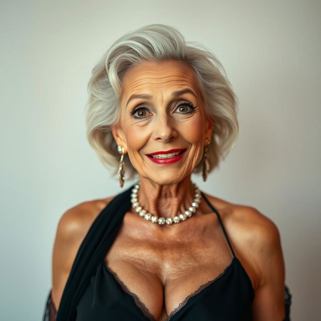 An alluring 70-year-old woman radiating confidence and charm, dressed in a sexy yet appropriate outfit that covers everything, ensuring modesty