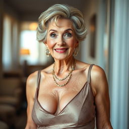 An alluring 70-year-old woman radiating confidence and charm, dressed in a sexy yet appropriate outfit that covers everything, ensuring modesty