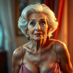 An alluring 70-year-old woman radiating confidence and charm, dressed in a sexy yet appropriate outfit that covers everything, ensuring modesty