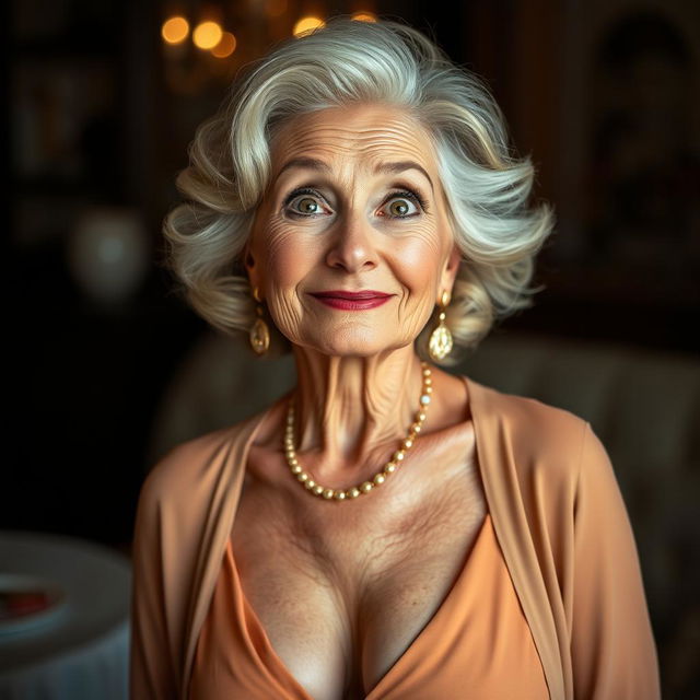 A beautiful 70-year-old woman radiating confidence and charm, dressed in a sexy but completely modest outfit that reveals nothing