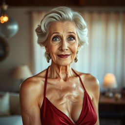 A beautiful 70-year-old woman radiating confidence and charm, dressed in a sexy but completely modest outfit that reveals nothing