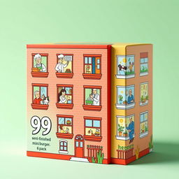 A creative packaging design for a 6-pack of semi-finished mini hamburgers, presented as an illustrated 6-story apartment building