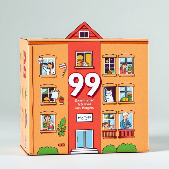 A creative packaging design for a 6-pack of semi-finished mini hamburgers, presented as an illustrated 6-story apartment building