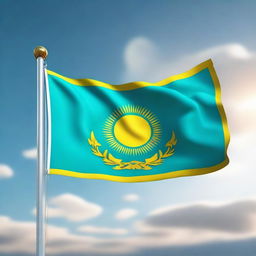 A high-quality 3D render of the national flag of Kazakhstan waving in the wind