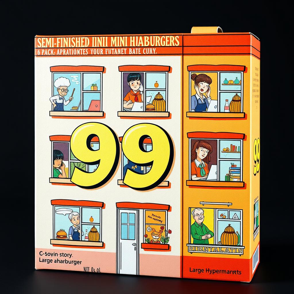 A creative packaging design for a 6-pack of semi-finished mini hamburgers, presented as an illustrated 6-story apartment building