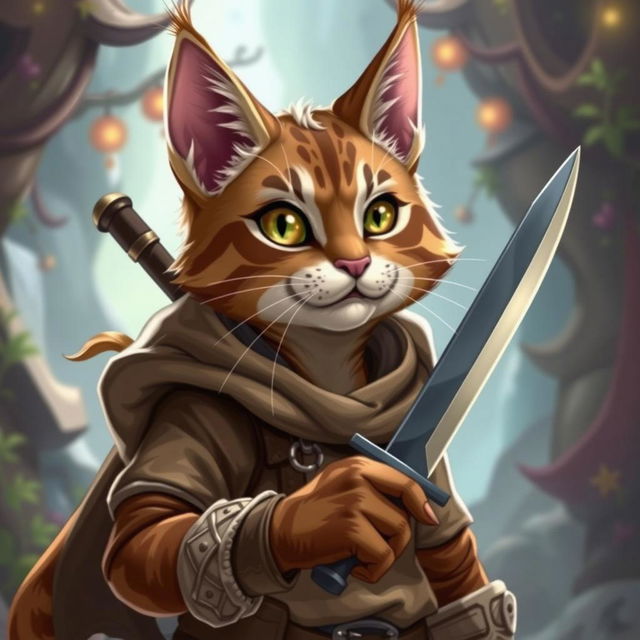 A confident, anthropomorphic cat character resembling a lynx, wearing a beige cloak and holding a gleaming silver sword